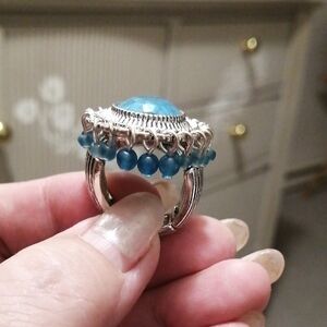Faux Turquoise Silver Tone OS Ring with Dangling Blue Beads